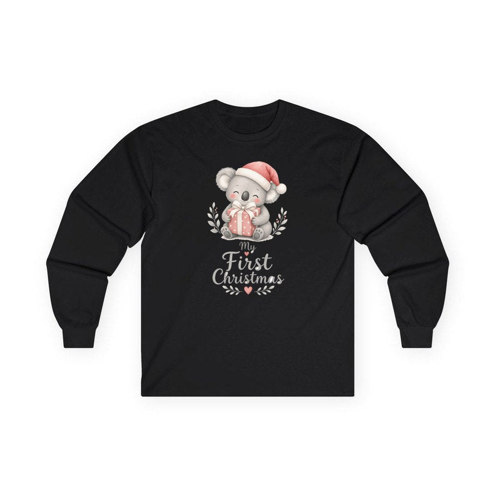 Koala's First Christmas personalised long sleeve Christmas T-shirt in black