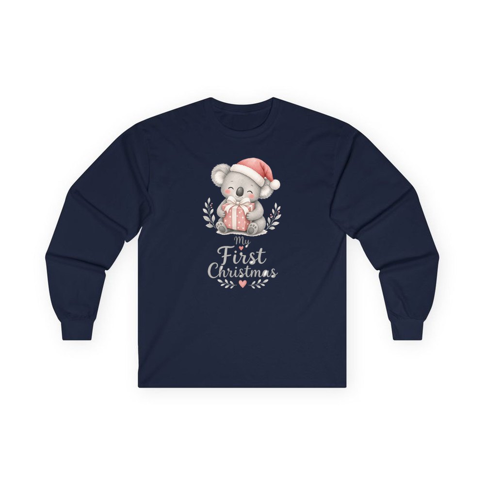 Koala's First Christmas personalised long sleeve Christmas T-shirt in navy