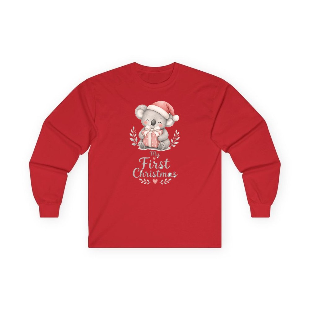 Koala's First Christmas personalised long sleeve Christmas T-shirt in red
