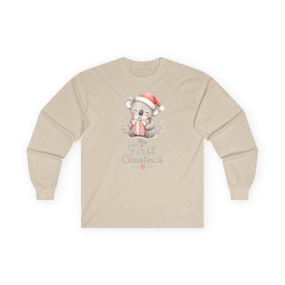 Koala's First Christmas personalised long sleeve Christmas T-shirt in sand