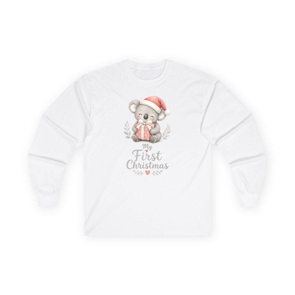 Koala's First Christmas personalised long sleeve Christmas T-shirt in white