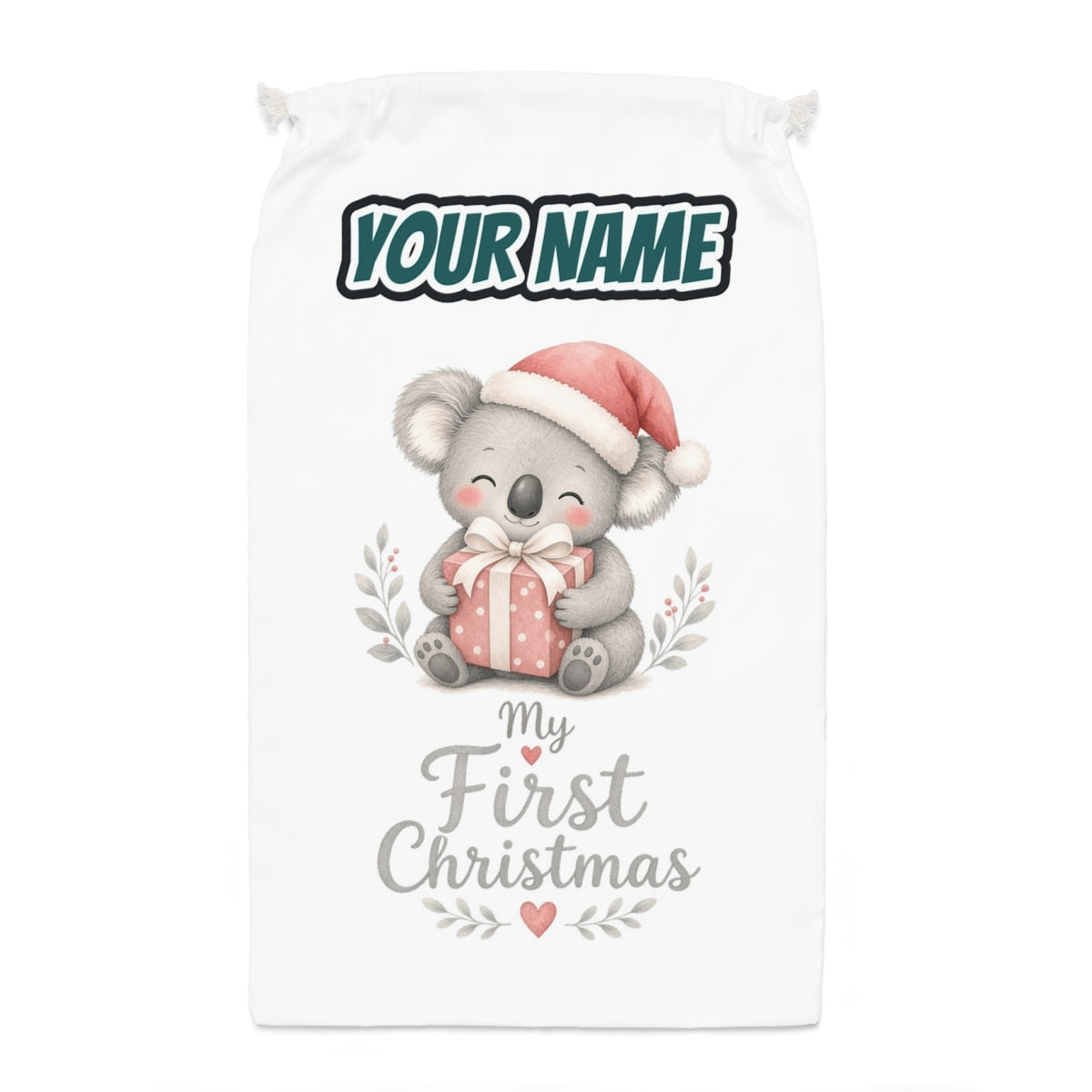 Koala's First Christmas Santa sack laid flat, showing the full print