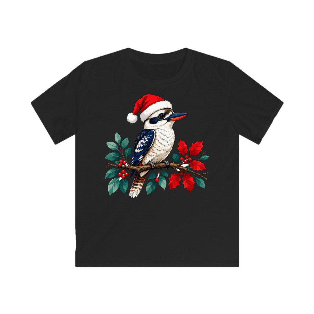 Kookaburra In Santa Hat personalised kids Christmas tee in black