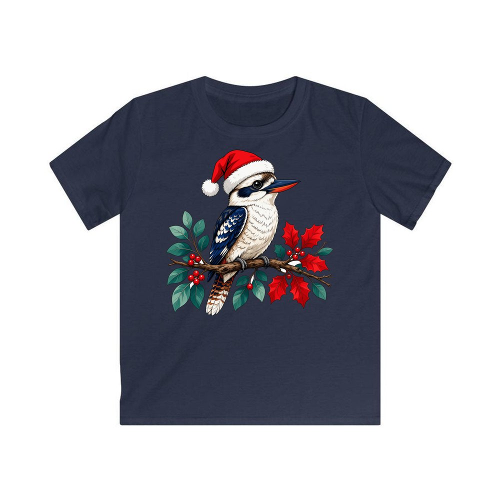 Kookaburra In Santa Hat personalised kids Christmas tee in navy