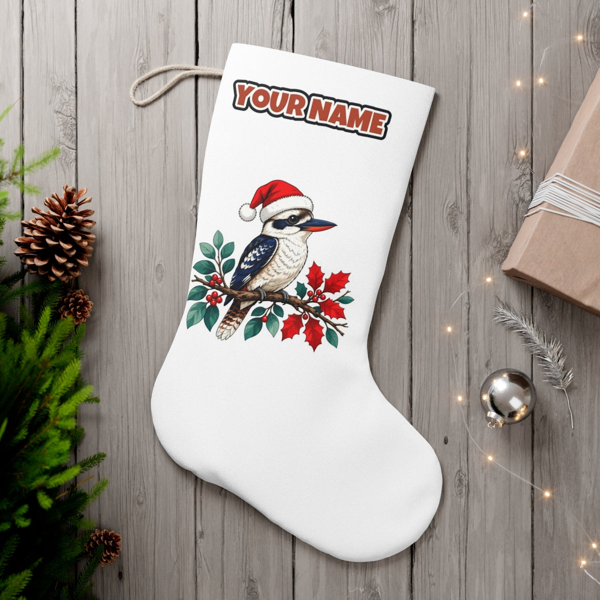 Kookaburra In Santa Hat personalised Christmas stocking, white, with the name across the top