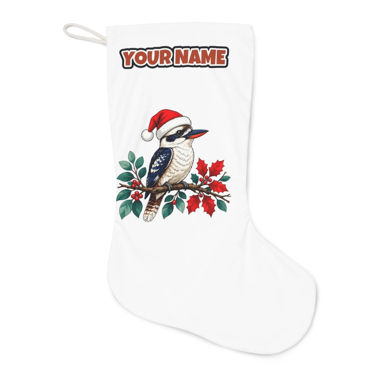 Kookaburra In Santa Hat Christmas stocking laid flat, showing the full print