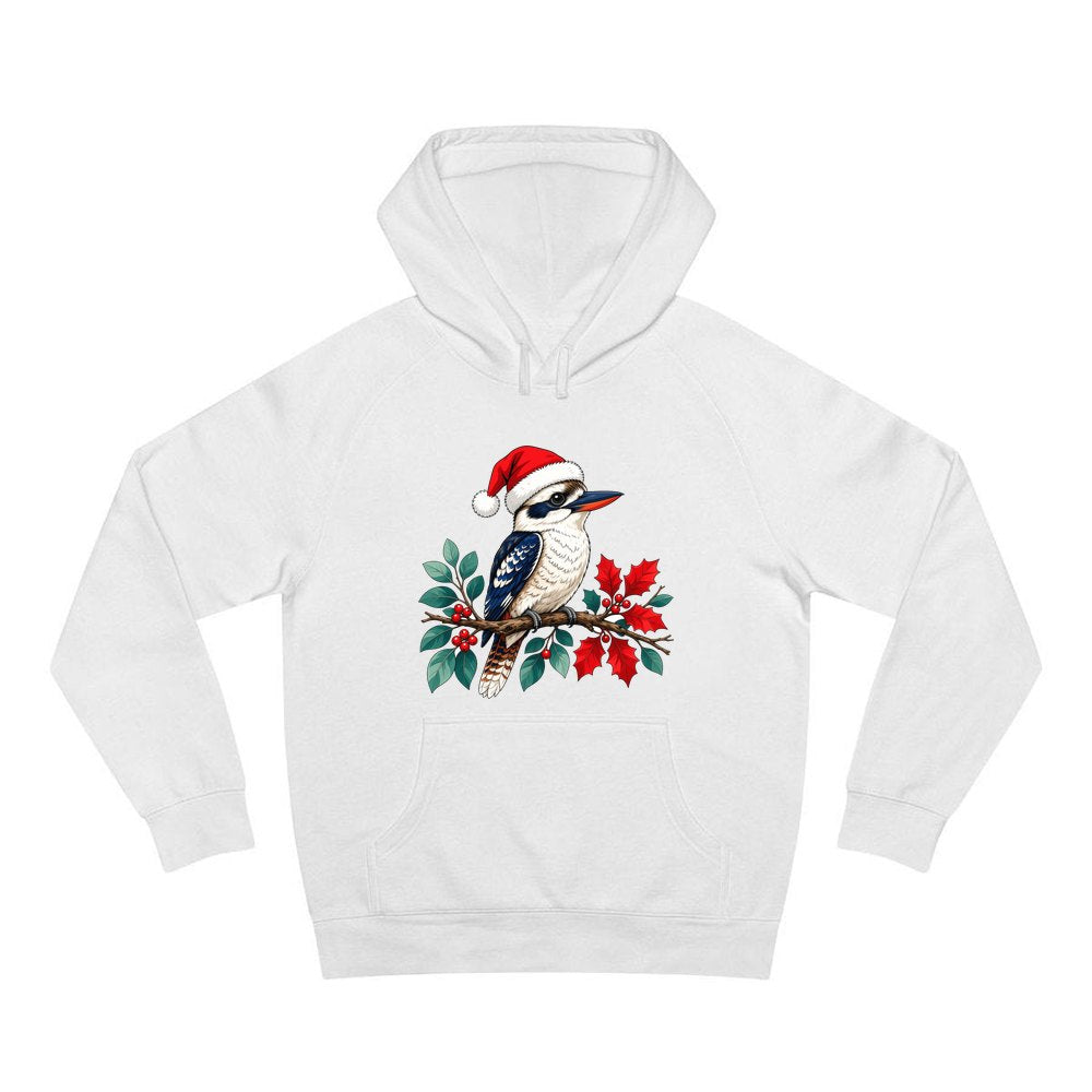 Kookaburra In Santa Hat personalised Christmas hoodie in white