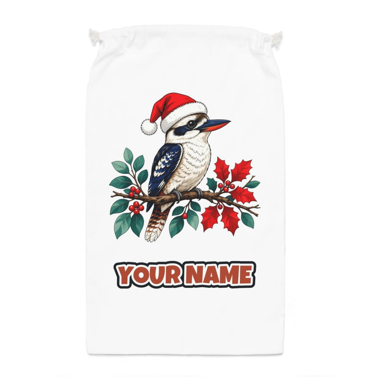 Kookaburra In Santa Hat Santa sack laid flat, showing the full print