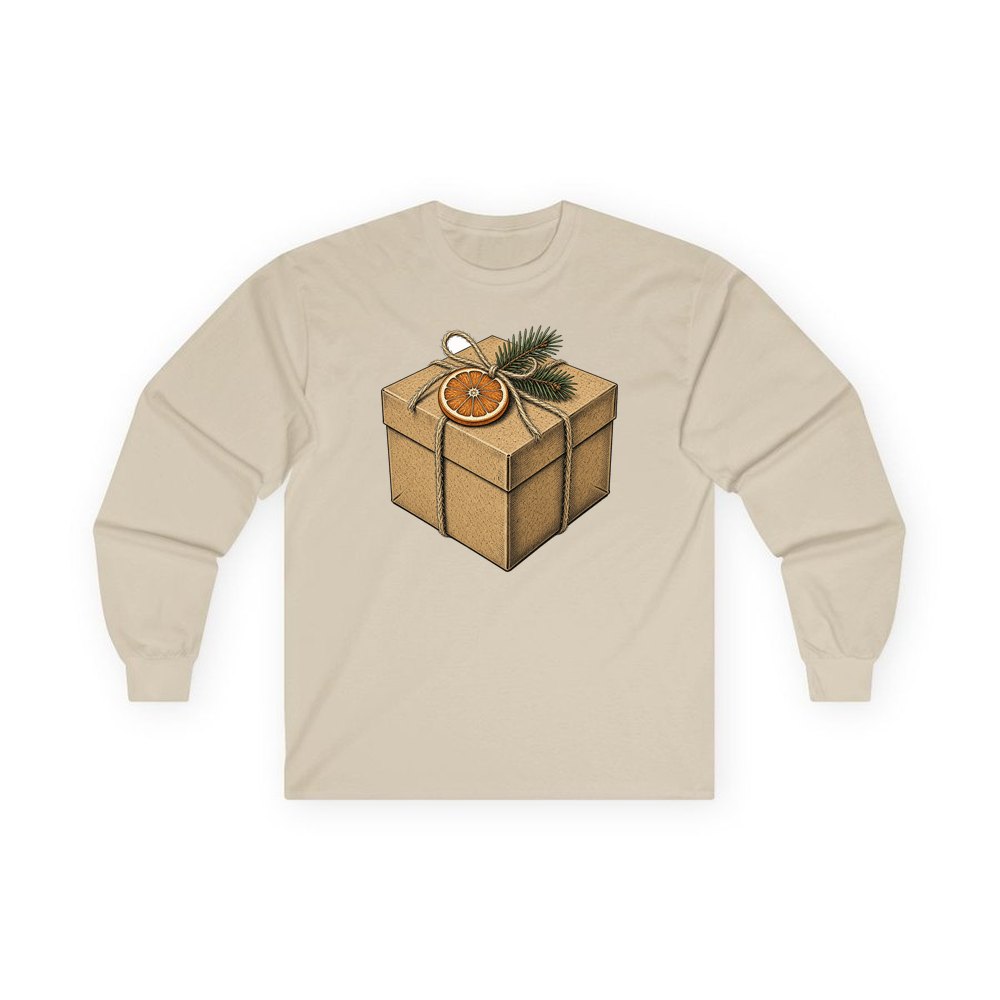 Kraft Gift Box With Twine personalised long sleeve Christmas T-shirt in sand
