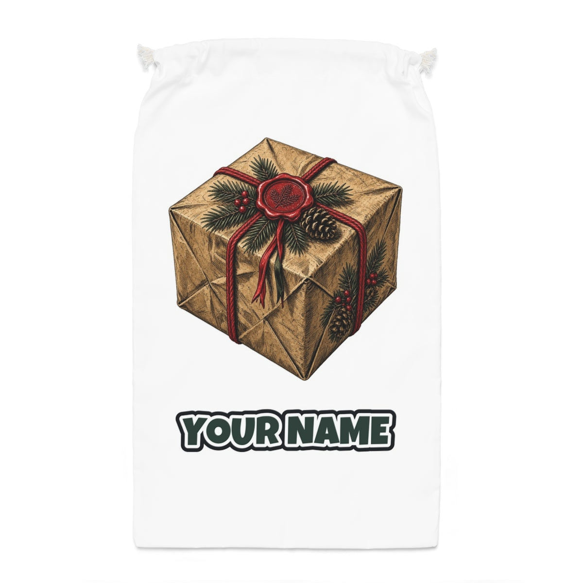 Kraft Paper Gift Wax Seal Santa sack laid flat, showing the full print