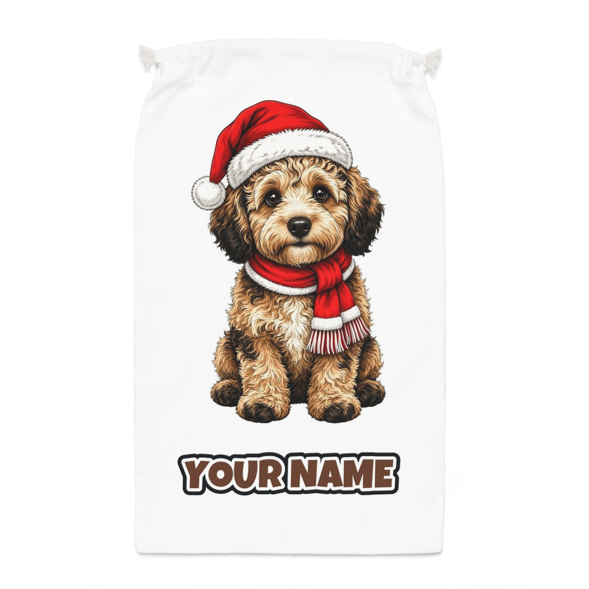 Labradoodle Santa sack laid flat, showing the full print