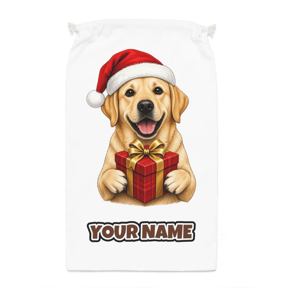 Labrador Santa sack laid flat, showing the full print