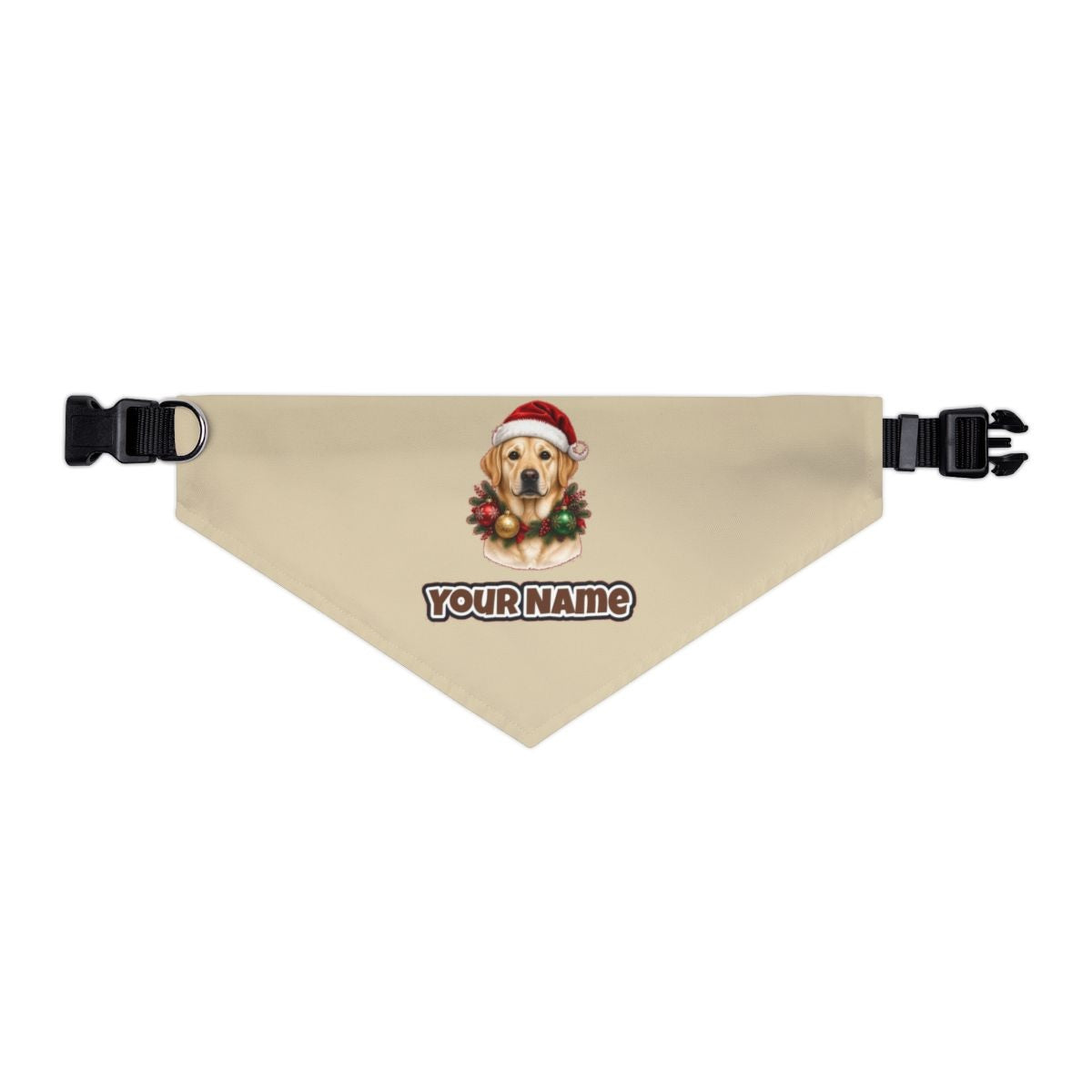 Labrador in a Christmas Wreath personalised Christmas pet bandana in beige, collar with buckle