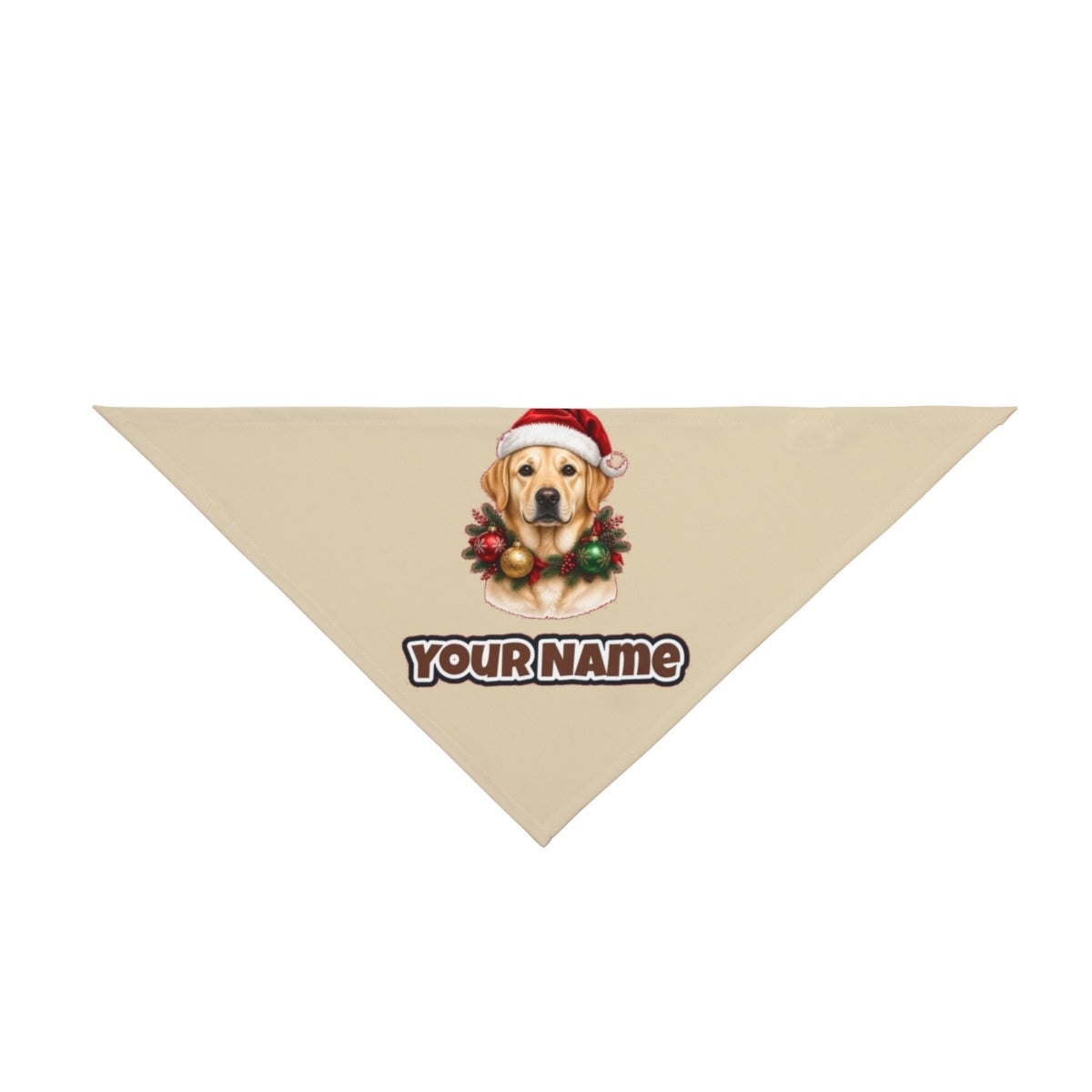 Labrador in a Christmas Wreath personalised Christmas pet bandana in beige, tie-on style