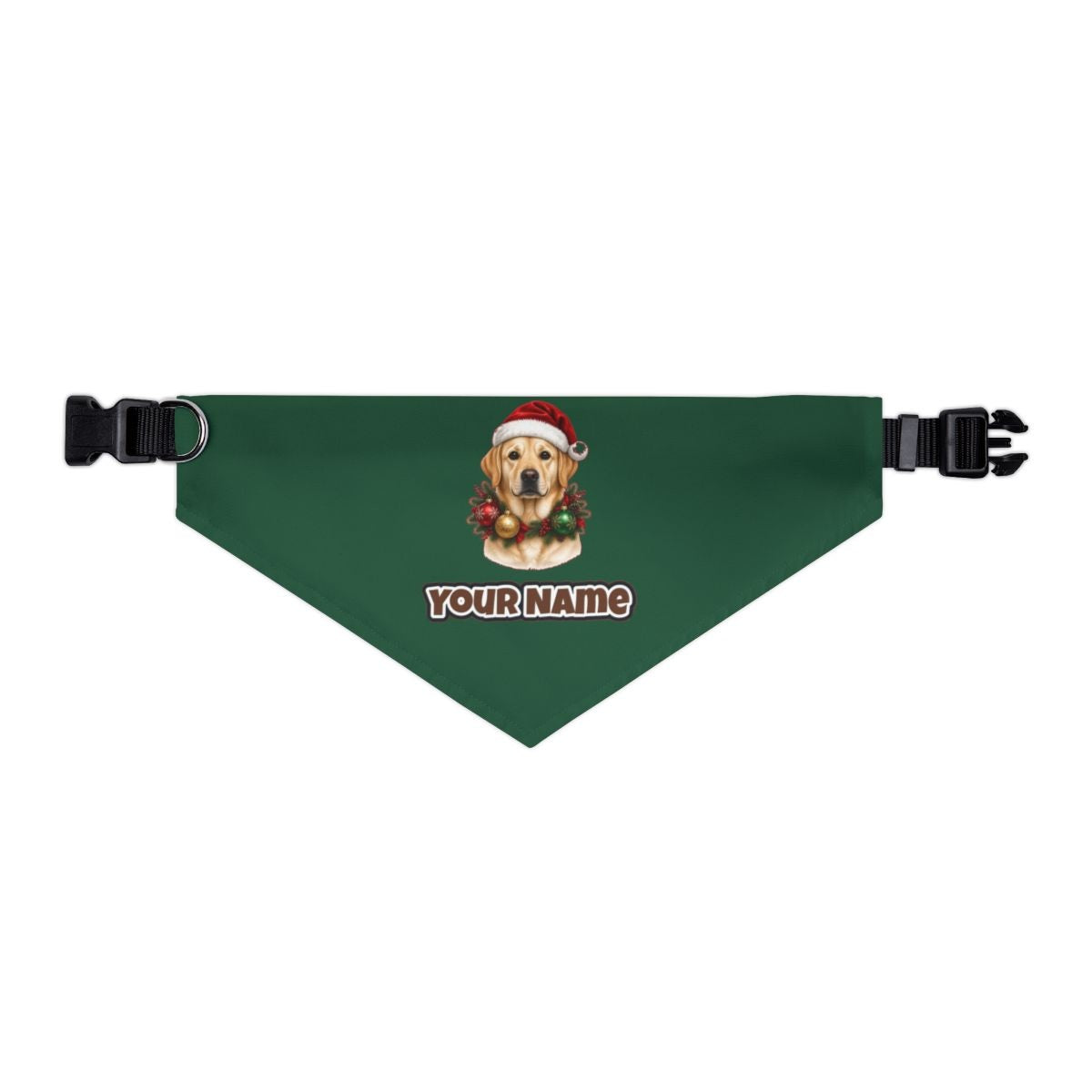 Labrador in a Christmas Wreath personalised Christmas pet bandana in green, collar with buckle