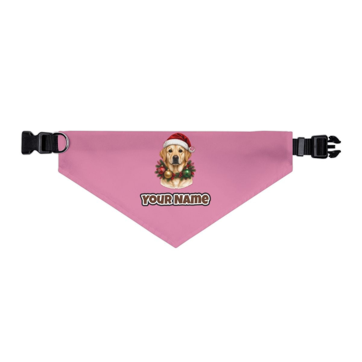 Labrador in a Christmas Wreath personalised Christmas pet bandana in pink, collar with buckle