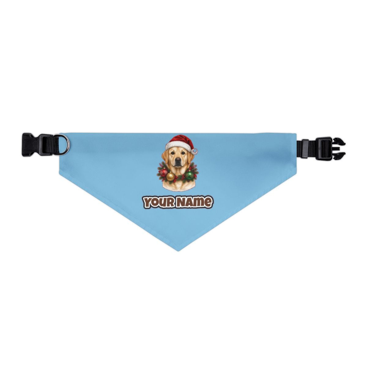 Labrador in a Christmas Wreath personalised Christmas pet bandana in sky blue, collar with buckle