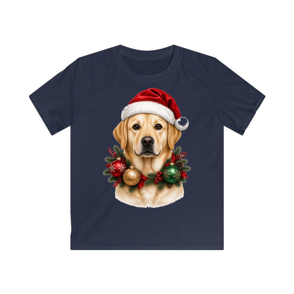 Labrador in a Christmas Wreath personalised kids Christmas tee in navy
