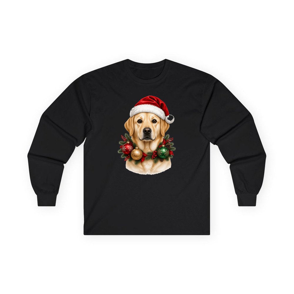 Labrador in a Christmas Wreath personalised long sleeve Christmas T-shirt in black