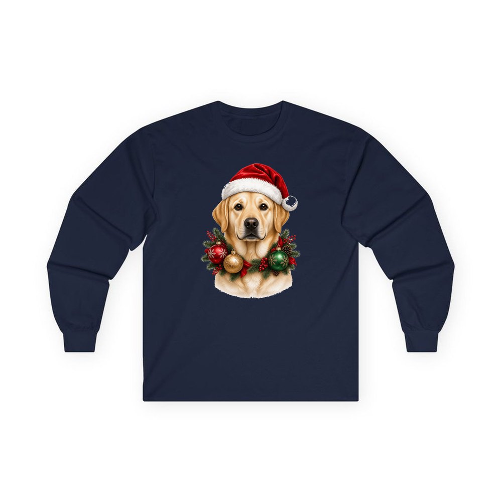 Labrador in a Christmas Wreath personalised long sleeve Christmas T-shirt in navy