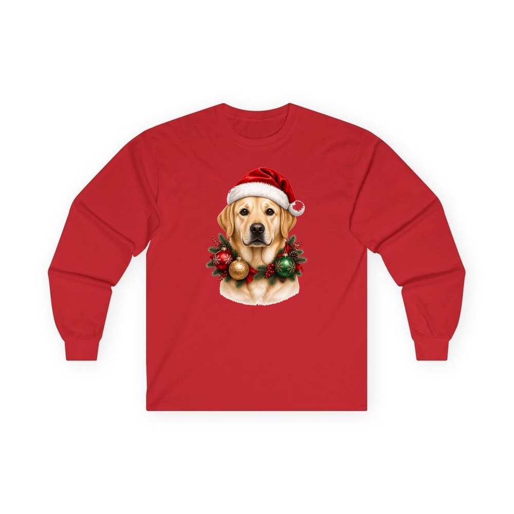 Labrador in a Christmas Wreath personalised long sleeve Christmas T-shirt in red