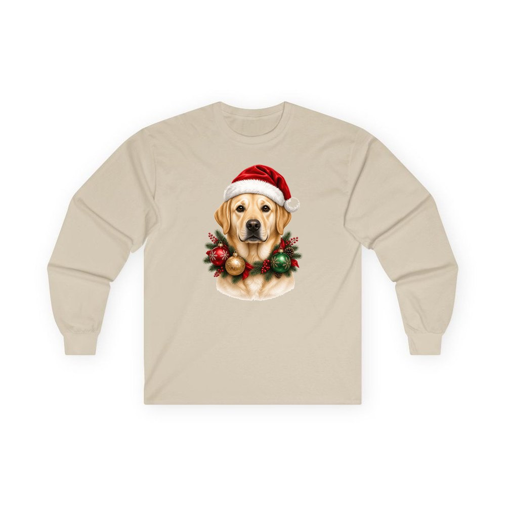 Labrador in a Christmas Wreath personalised long sleeve Christmas T-shirt in sand