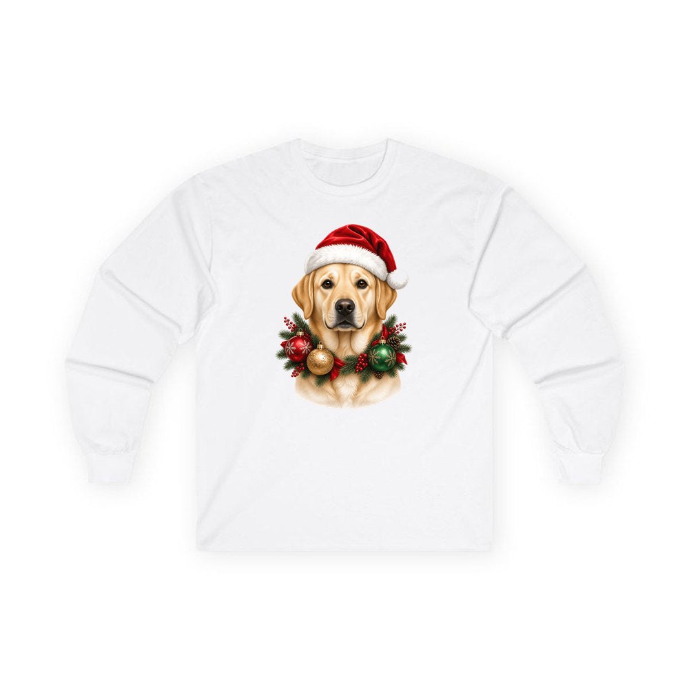 Labrador in a Christmas Wreath personalised long sleeve Christmas T-shirt in white