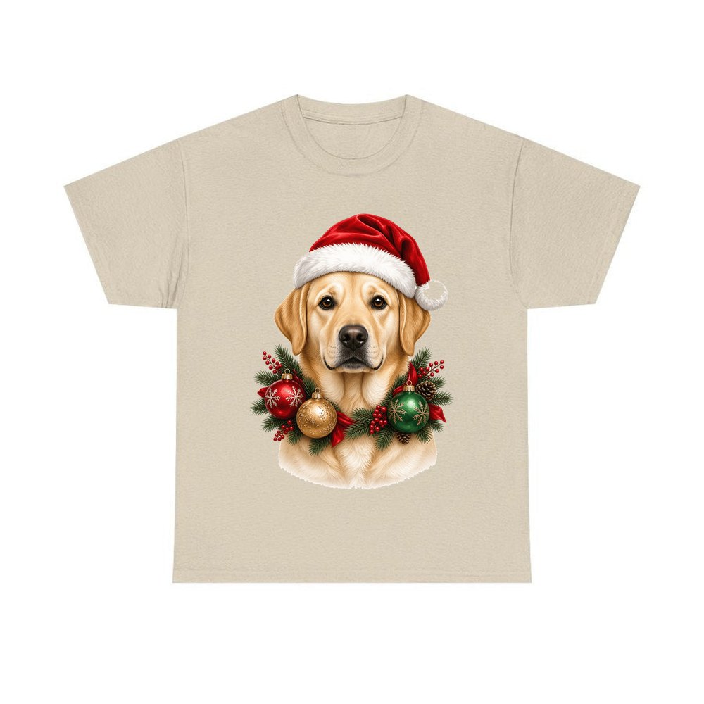Labrador in a Christmas Wreath personalised Christmas T-shirt in sand