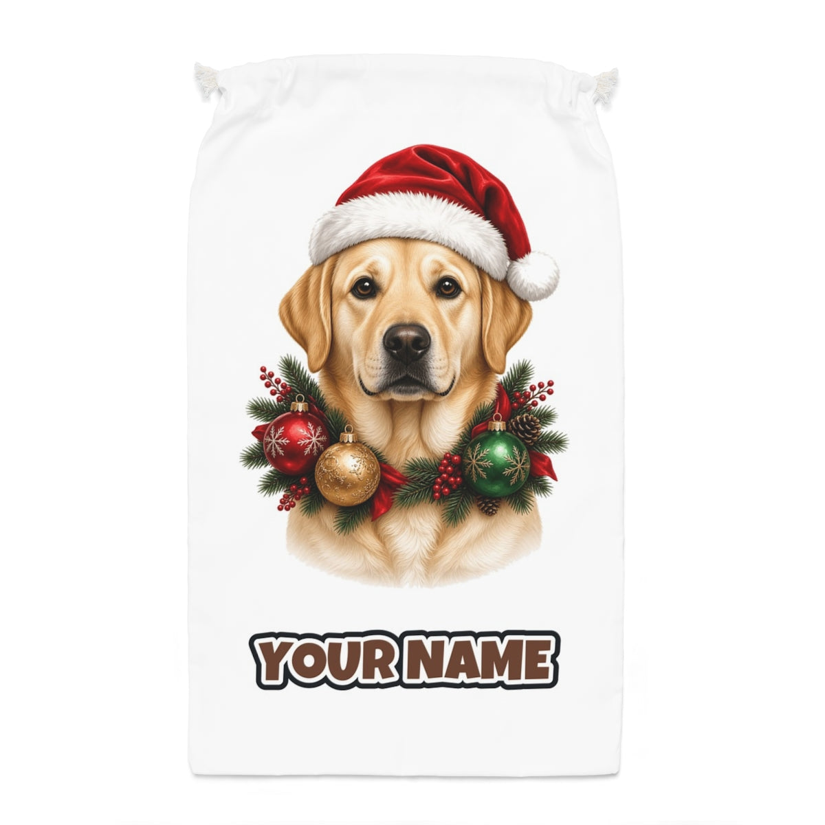 Labrador in a Christmas Wreath Santa sack laid flat, showing the full print