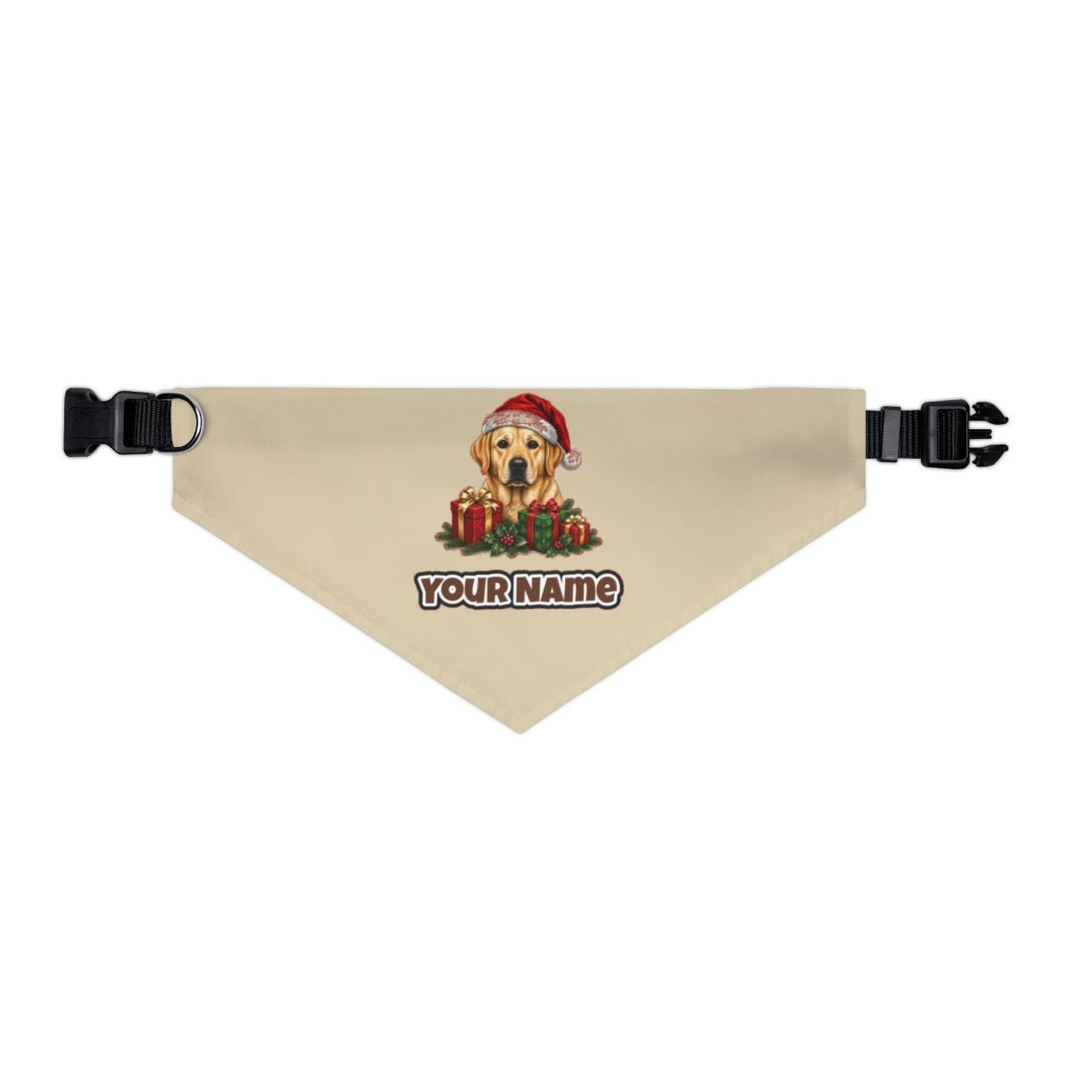 Labrador with Christmas Presents personalised Christmas pet bandana in beige, collar with buckle