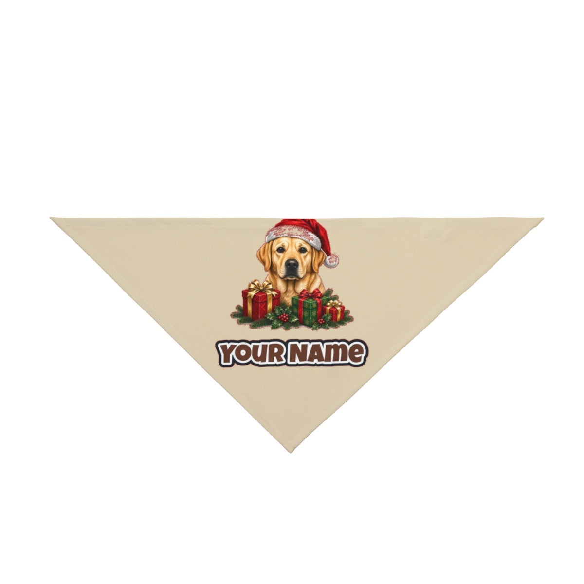 Labrador with Christmas Presents personalised Christmas pet bandana in beige, tie-on style