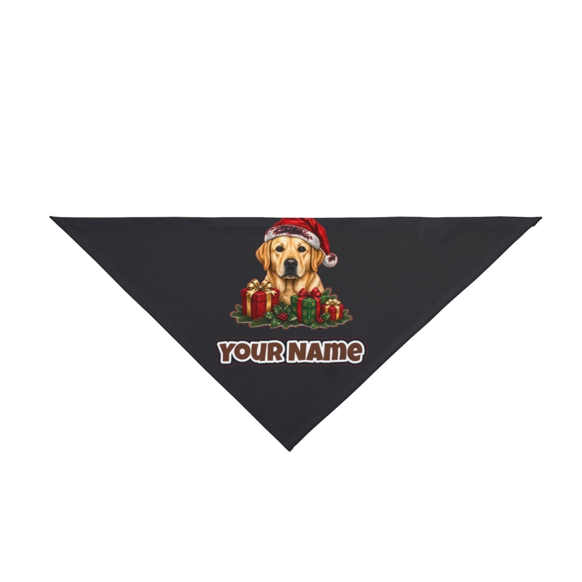 Labrador with Christmas Presents personalised Christmas pet bandana in black, tie-on style