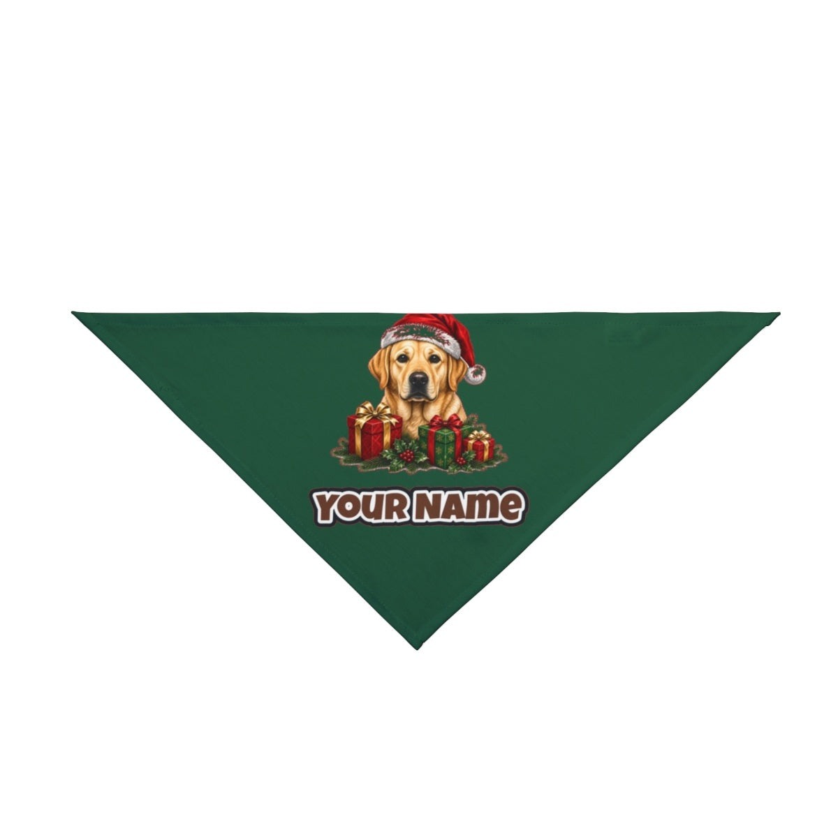 Labrador with Christmas Presents personalised Christmas pet bandana in green, tie-on style
