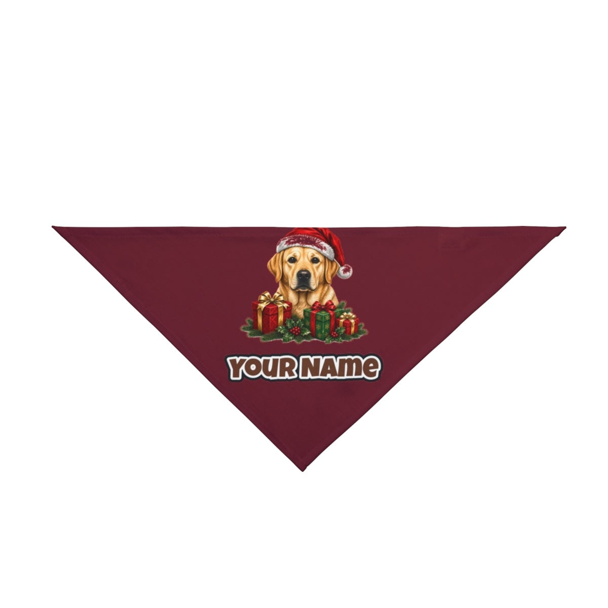 Labrador with Christmas Presents personalised Christmas pet bandana in maroon, tie-on style