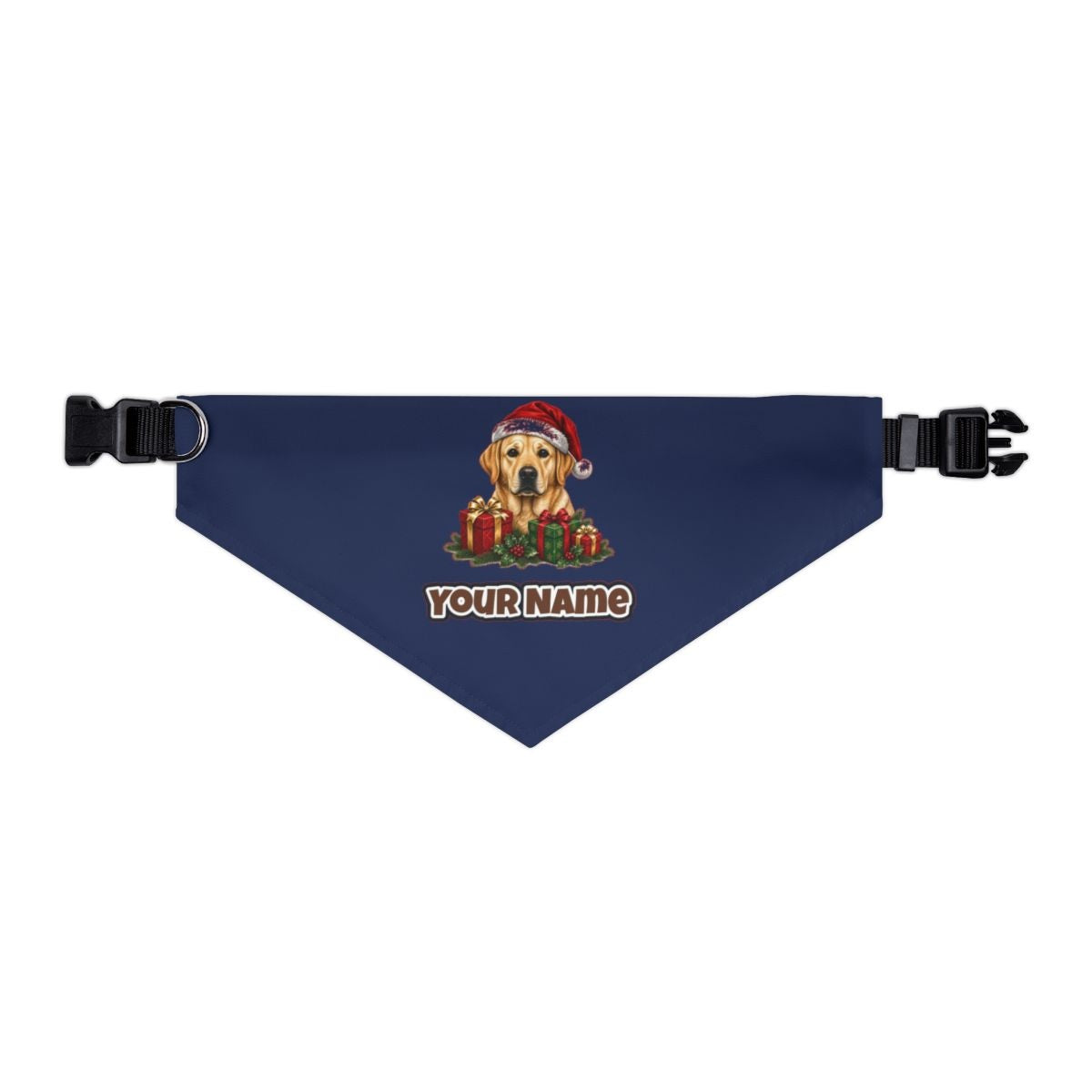 Labrador with Christmas Presents personalised Christmas pet bandana in navy, collar with buckle