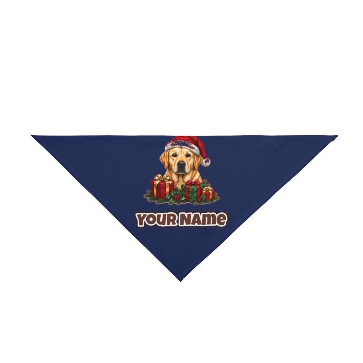 Labrador with Christmas Presents personalised Christmas pet bandana in navy, tie-on style