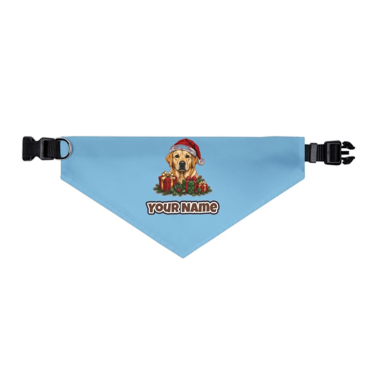 Labrador with Christmas Presents personalised Christmas pet bandana in sky blue, collar with buckle