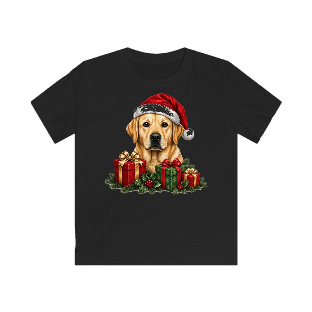 Labrador with Christmas Presents personalised kids Christmas tee in black