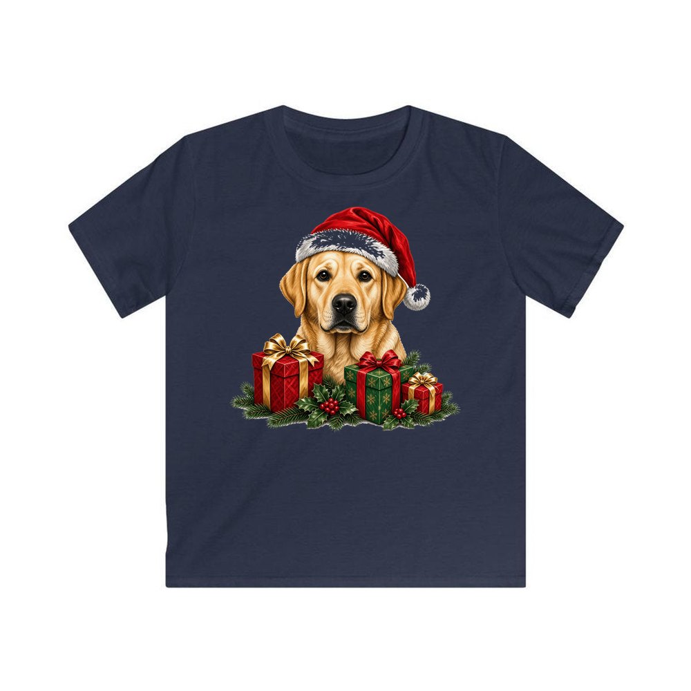 Labrador with Christmas Presents personalised kids Christmas tee in navy