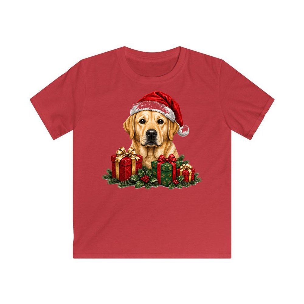 Labrador with Christmas Presents personalised kids Christmas tee in red