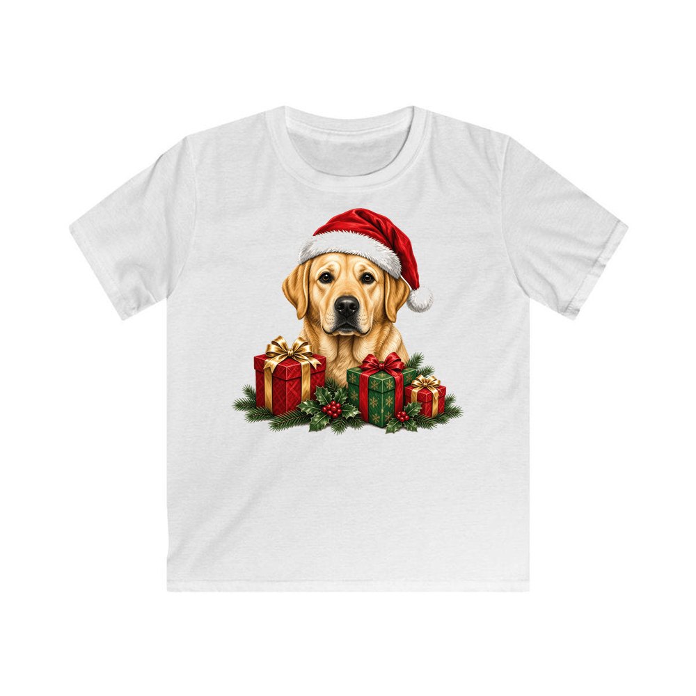 Labrador with Christmas Presents personalised kids Christmas tee in white