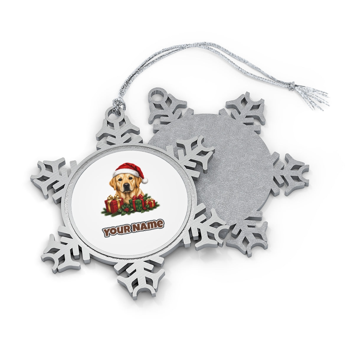 Labrador with Christmas Presents Personalised Pewter Christmas Ornament