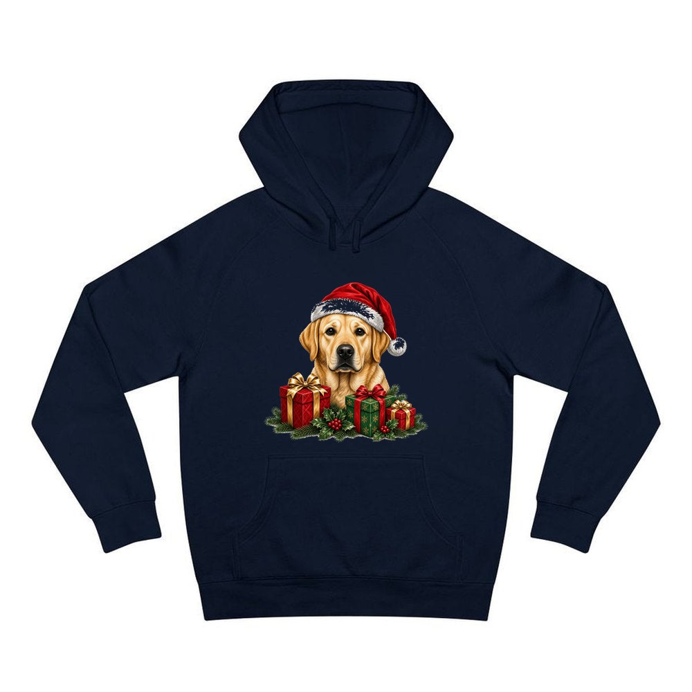 Labrador with Christmas Presents personalised Christmas hoodie in navy