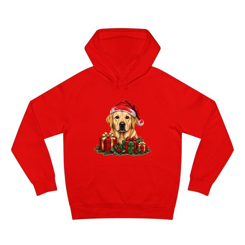 Labrador with Christmas Presents personalised Christmas hoodie in red