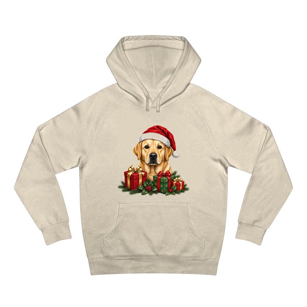 Labrador with Christmas Presents personalised Christmas hoodie in sand