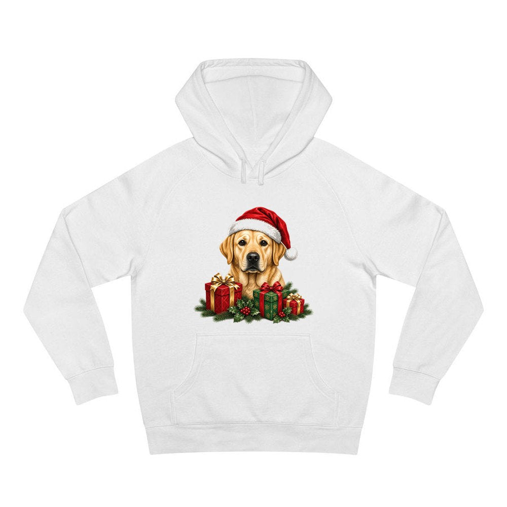 Labrador with Christmas Presents personalised Christmas hoodie in white