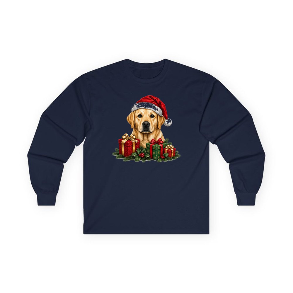 Labrador with Christmas Presents personalised long sleeve Christmas T-shirt in navy
