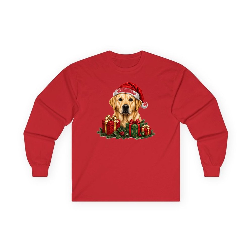 Labrador with Christmas Presents personalised long sleeve Christmas T-shirt in red