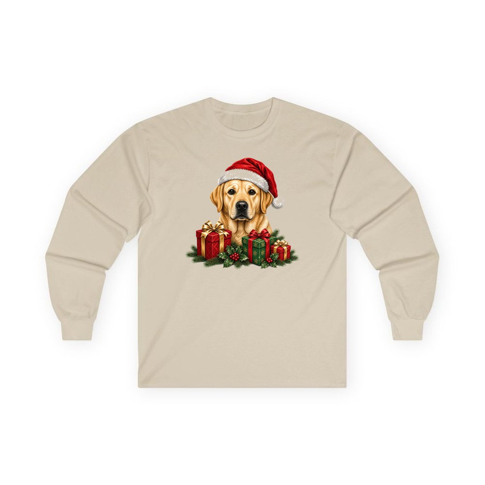 Labrador with Christmas Presents personalised long sleeve Christmas T-shirt in sand