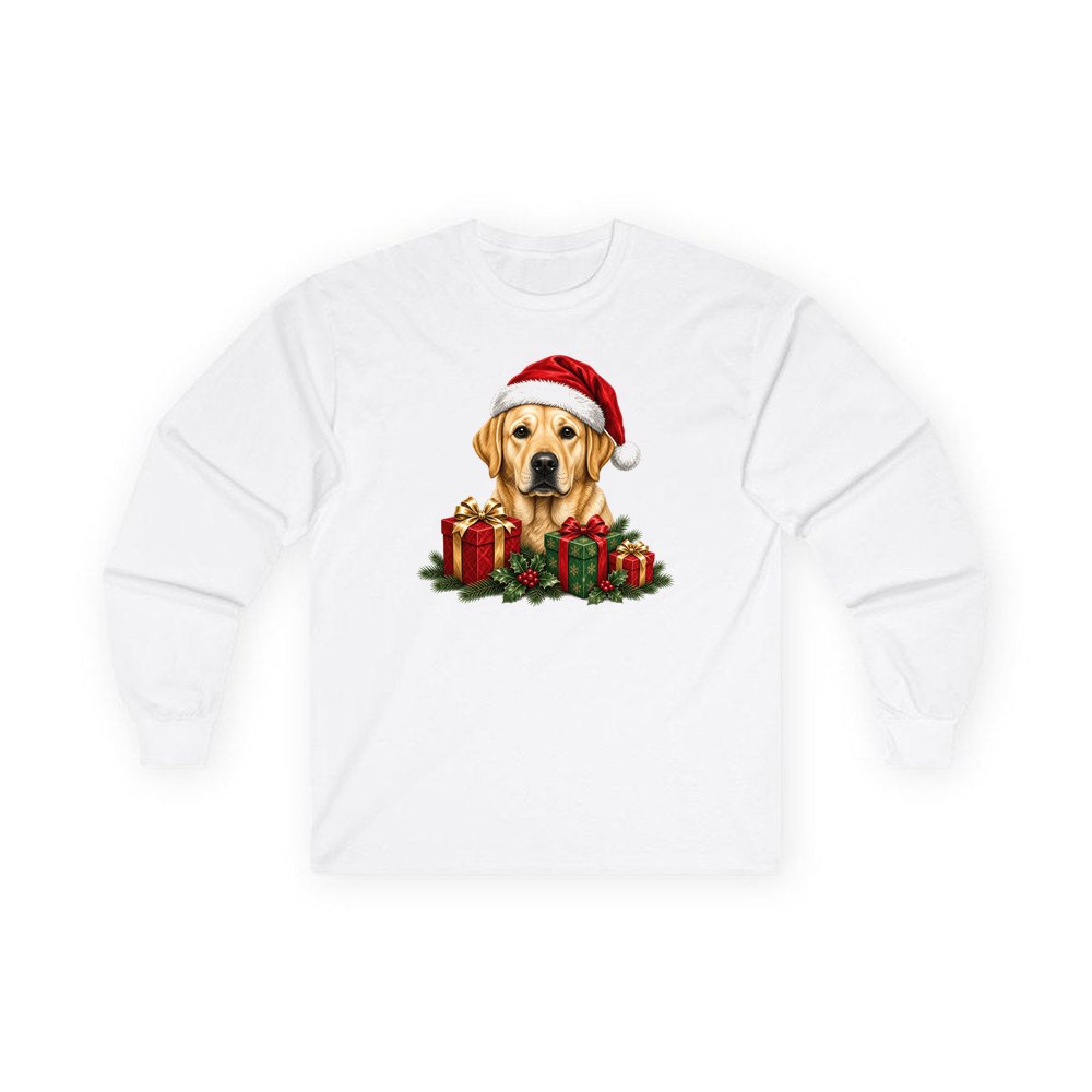 Labrador with Christmas Presents personalised long sleeve Christmas T-shirt in white
